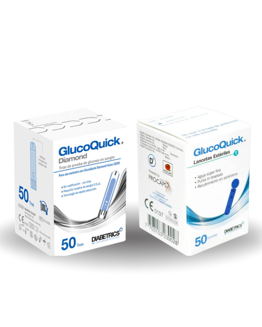 TIRILLAS + LANCETAS GLUCOQUICK DIAMOND CAJAS X 50 UND